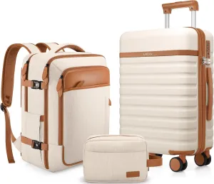Luggage Sets 3 Piece, Carry On Luggage 20 Inch With Spinner Wheels,PC Hardside Suitcase Set with TSA Lock,Durable Carry On Suitcase With Travel Backpack for Men (Beige, 3 piece set (20inch))