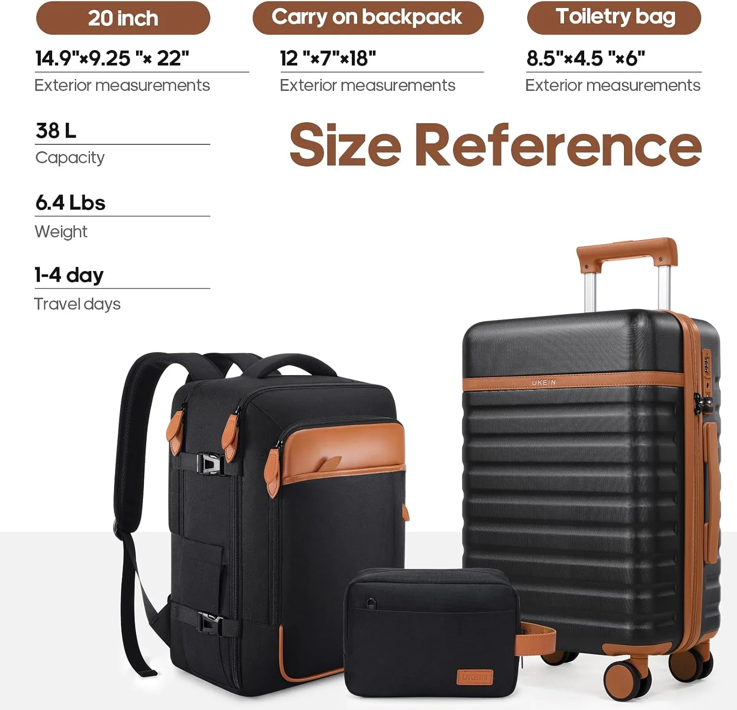 Luggage Sets 3 Piece, Carry On Luggage 20 Inch With Spinner Wheels,PC Hardside Suitcase Set with TSA Lock,Durable Carry On Suitcase With Travel Backpack for Men (Black, 3 piece set (20inch))