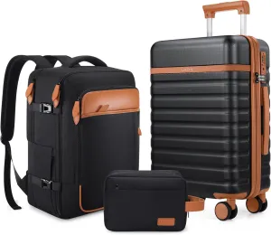 Luggage Sets 3 Piece, Carry On Luggage 20 Inch With Spinner Wheels,PC Hardside Suitcase Set with TSA Lock,Durable Carry On Suitcase With Travel Backpack for Men (Black, 3 piece set (20inch))
