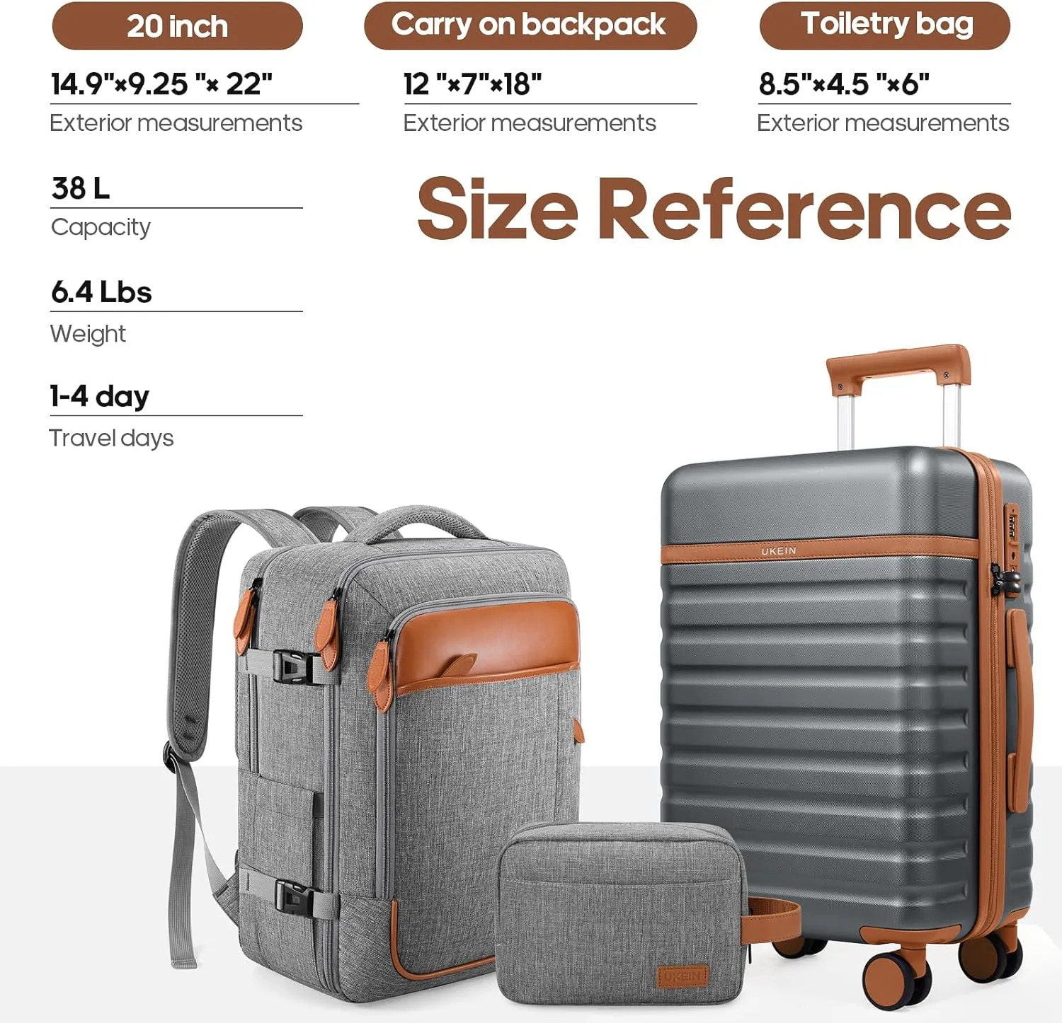 Luggage Sets 3 Piece, Carry On Luggage 20 Inch With Spinner Wheels,PC Hardside Suitcase Set with TSA Lock,Durable Carry On Suitcase With Travel Backpack for Men (Grey, 3 piece set (20inch))