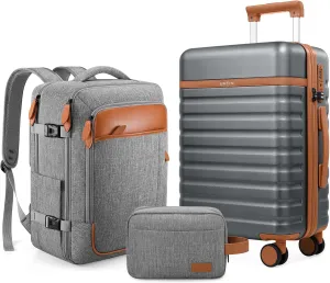 Luggage Sets 3 Piece, Carry On Luggage 20 Inch With Spinner Wheels,PC Hardside Suitcase Set with TSA Lock,Durable Carry On Suitcase With Travel Backpack for Men (Grey, 3 piece set (20inch))