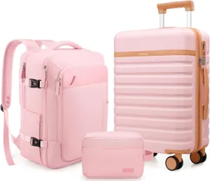 Luggage Sets 3 Piece, Carry On Luggage 20 Inch With Spinner Wheels,PC Hardside Suitcase Set with TSA Lock,Durable Carry On Suitcase With Travel Backpack for Men (Pink, 3 piece set (20inch))