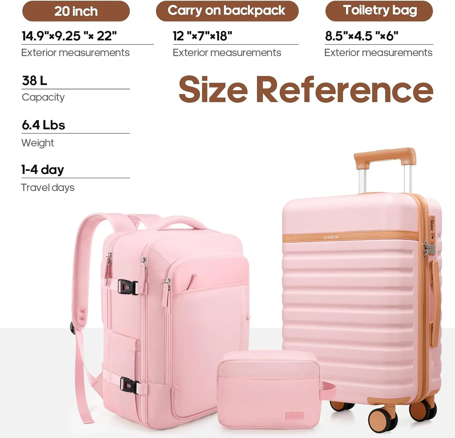 Luggage Sets 3 Piece, Carry On Luggage 20 Inch With Spinner Wheels,PC Hardside Suitcase Set with TSA Lock,Durable Carry On Suitcase With Travel Backpack for Men (Pink, 3 piece set (20inch))