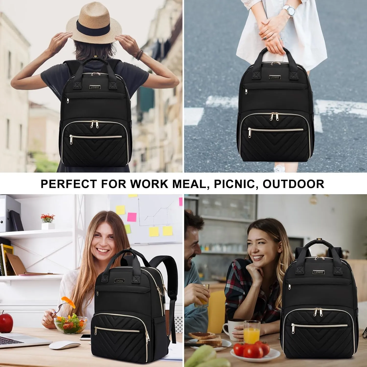 Lunch Backpack for Women, Water Resistant Insulated Cooler Lunch Bag, 15.6 inch Laptop Backpacks with USB Port, Picnic Backpack with Lunch Box, for College Work Camping Beaches, Black