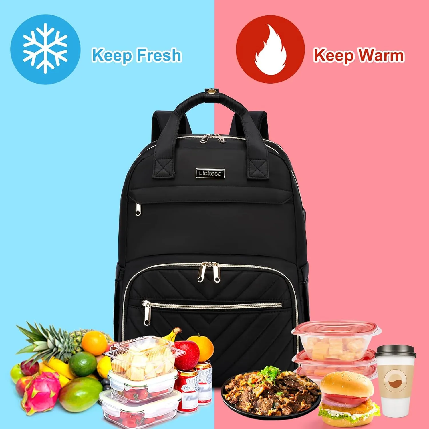 Lunch Backpack for Women, Water Resistant Insulated Cooler Lunch Bag, 15.6 inch Laptop Backpacks with USB Port, Picnic Backpack with Lunch Box, for College Work Camping Beaches, Black