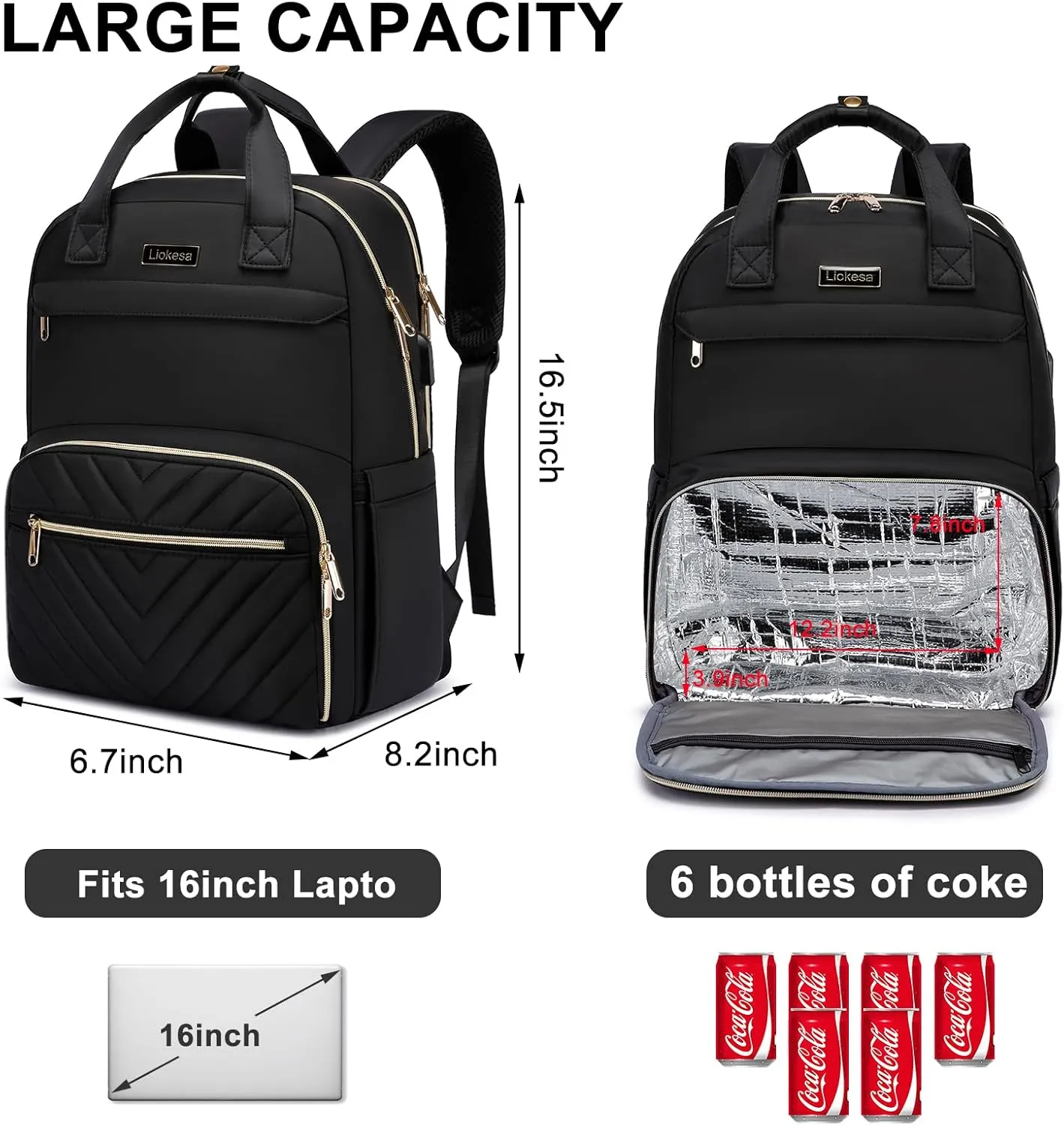 Lunch Backpack for Women, Water Resistant Insulated Cooler Lunch Bag, 15.6 inch Laptop Backpacks with USB Port, Picnic Backpack with Lunch Box, for College Work Camping Beaches, Black