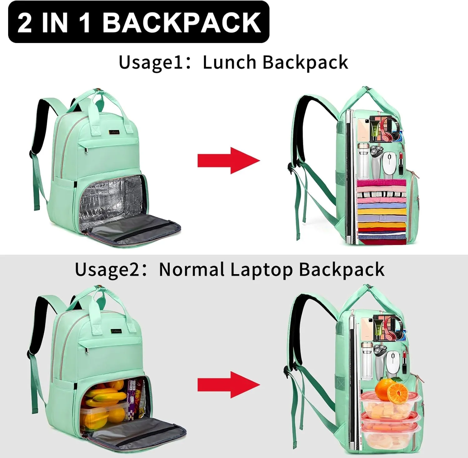 Lunch Backpack for Women, Water Resistant Insulated Cooler Lunch Bag, 15.6 inch Laptop Backpacks with USB Port, Picnic Backpack with Lunch Box, for College Work Camping Beaches, Teal