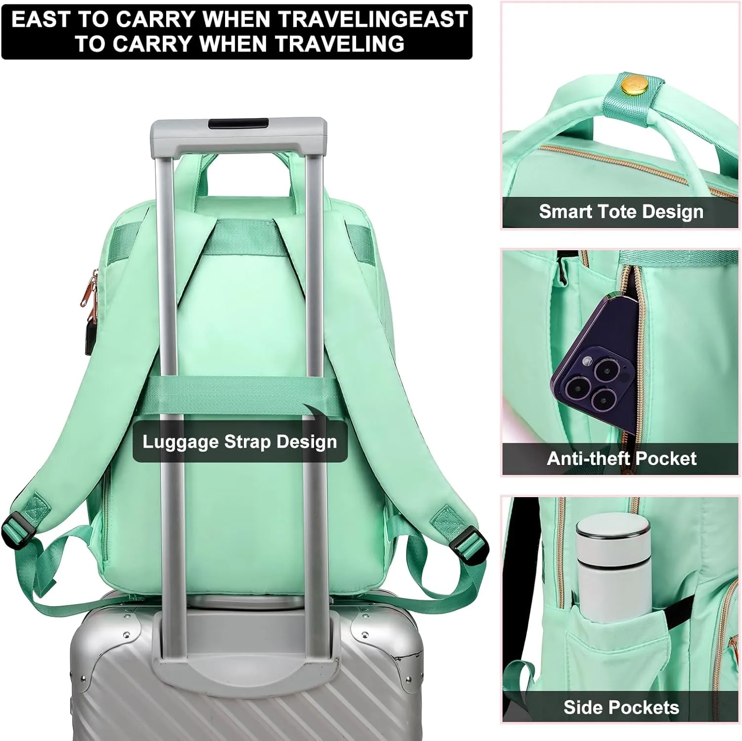 Lunch Backpack for Women, Water Resistant Insulated Cooler Lunch Bag, 15.6 inch Laptop Backpacks with USB Port, Picnic Backpack with Lunch Box, for College Work Camping Beaches, Teal