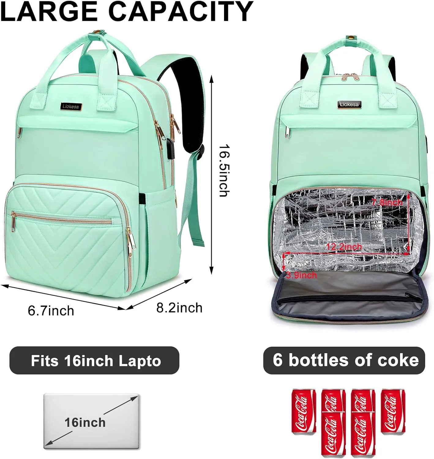 Lunch Backpack for Women, Water Resistant Insulated Cooler Lunch Bag, 15.6 inch Laptop Backpacks with USB Port, Picnic Backpack with Lunch Box, for College Work Camping Beaches, Teal