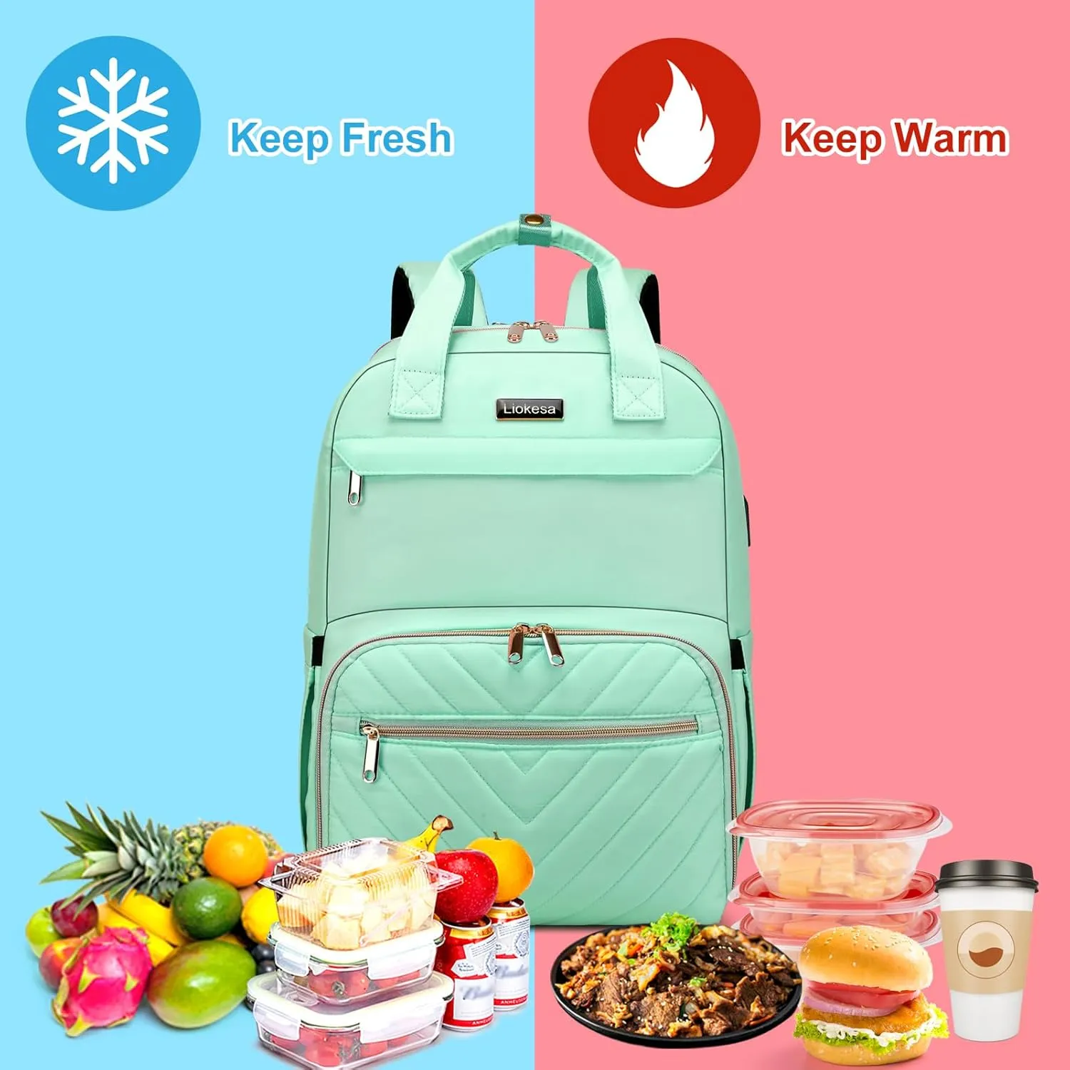 Lunch Backpack for Women, Water Resistant Insulated Cooler Lunch Bag, 15.6 inch Laptop Backpacks with USB Port, Picnic Backpack with Lunch Box, for College Work Camping Beaches, Teal