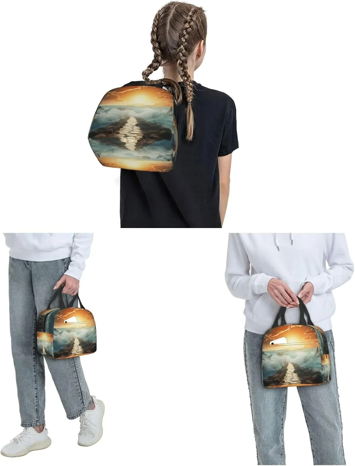 Lunch Bag Divided Sea Pathway Insulated Lunch Box for Women Men Reusable Lunch Tote Cooler Bag for Office Work