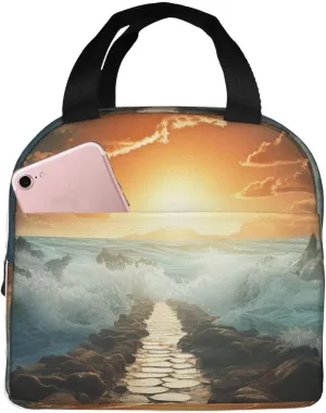 Lunch Bag Divided Sea Pathway Insulated Lunch Box for Women Men Reusable Lunch Tote Cooler Bag for Office Work