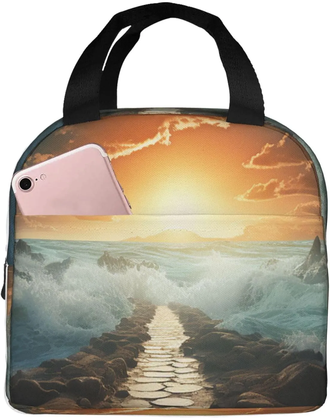 Lunch Bag Divided Sea Pathway Insulated Lunch Box for Women Men Reusable Lunch Tote Cooler Bag for Office Work