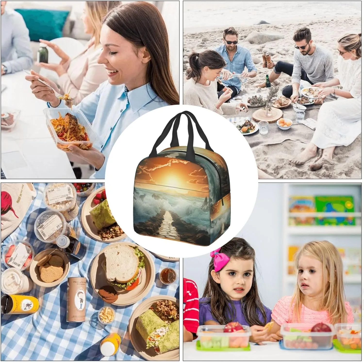 Lunch Bag Divided Sea Pathway Insulated Lunch Box for Women Men Reusable Lunch Tote Cooler Bag for Office Work