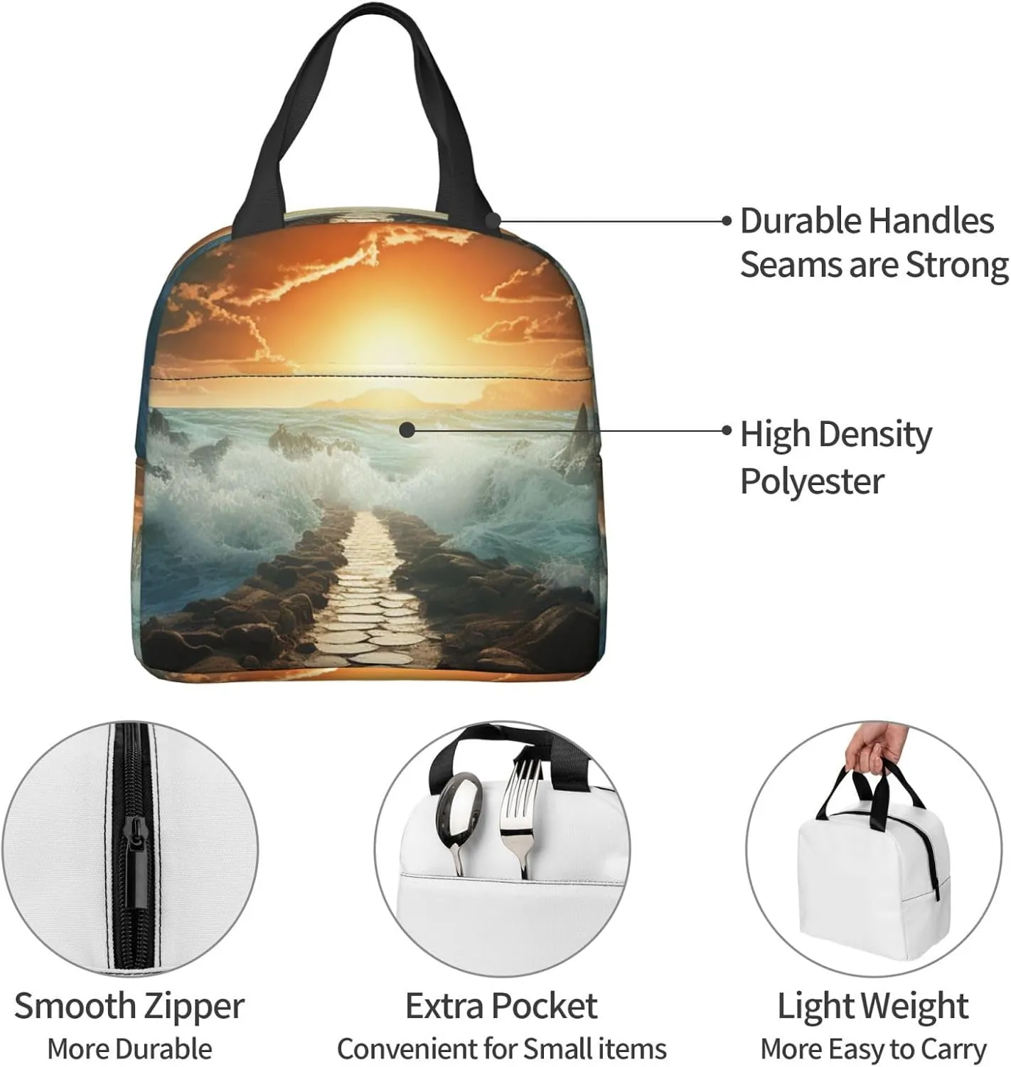 Lunch Bag Divided Sea Pathway Insulated Lunch Box for Women Men Reusable Lunch Tote Cooler Bag for Office Work