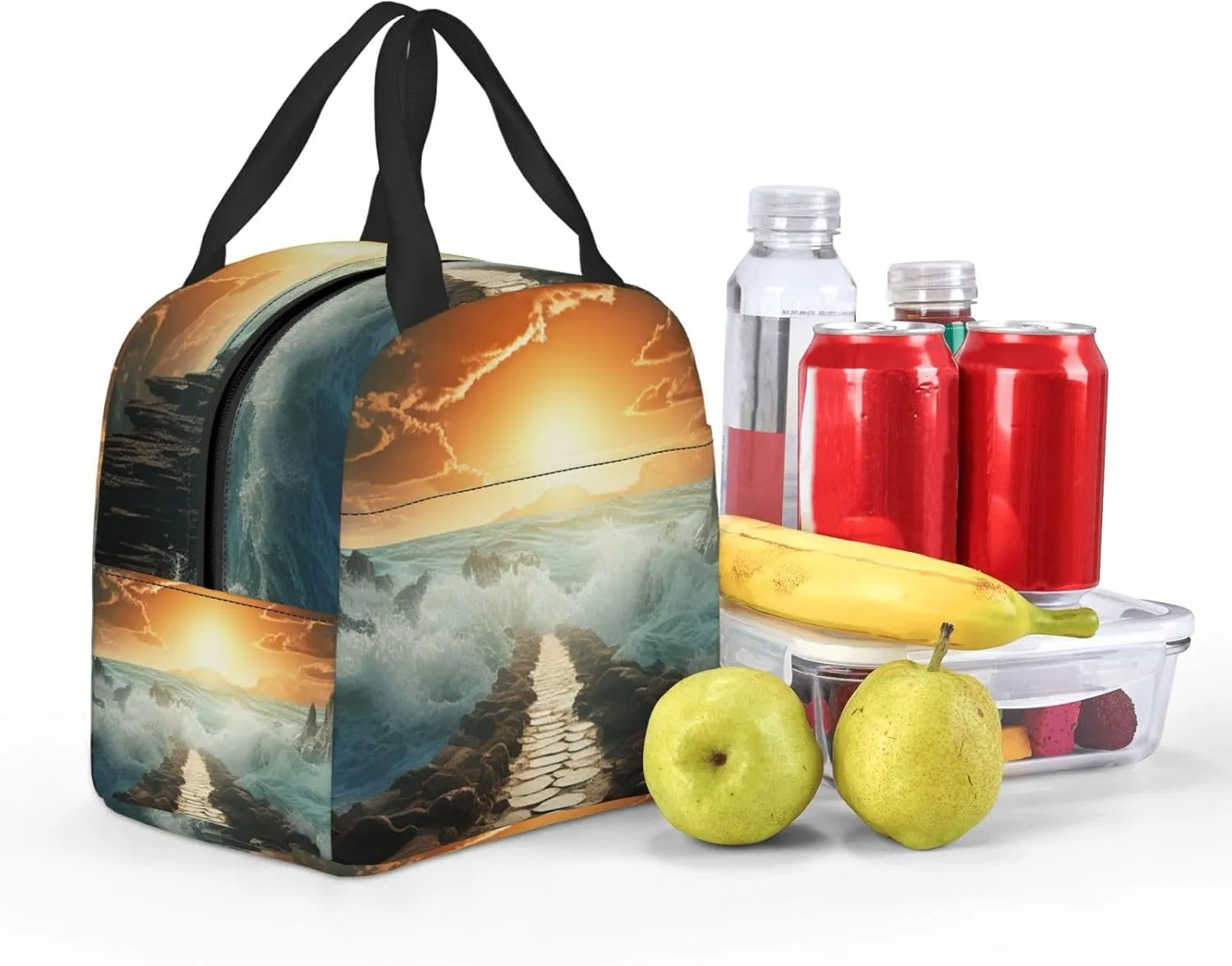 Lunch Bag Divided Sea Pathway Insulated Lunch Box for Women Men Reusable Lunch Tote Cooler Bag for Office Work