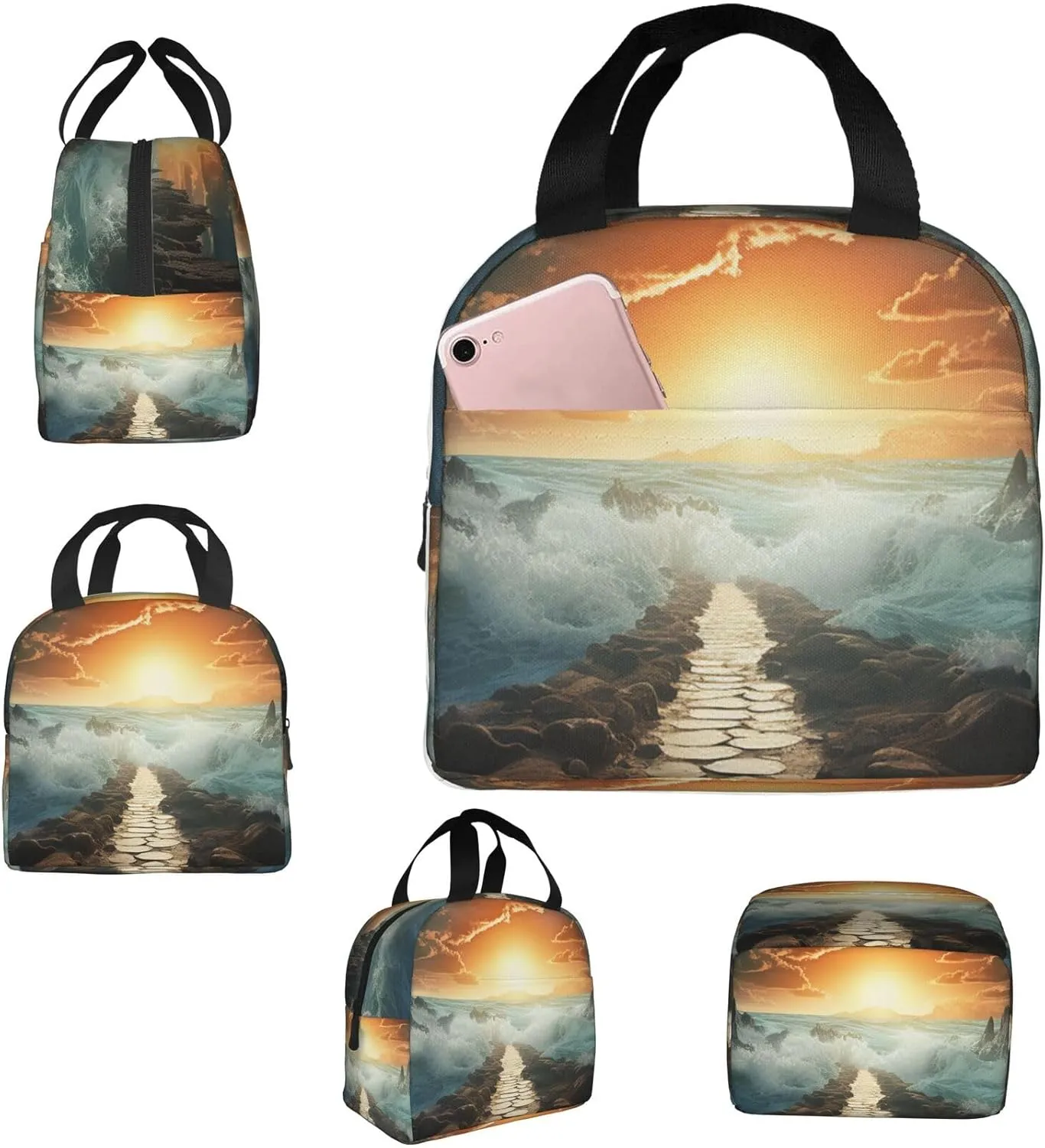 Lunch Bag Divided Sea Pathway Insulated Lunch Box for Women Men Reusable Lunch Tote Cooler Bag for Office Work