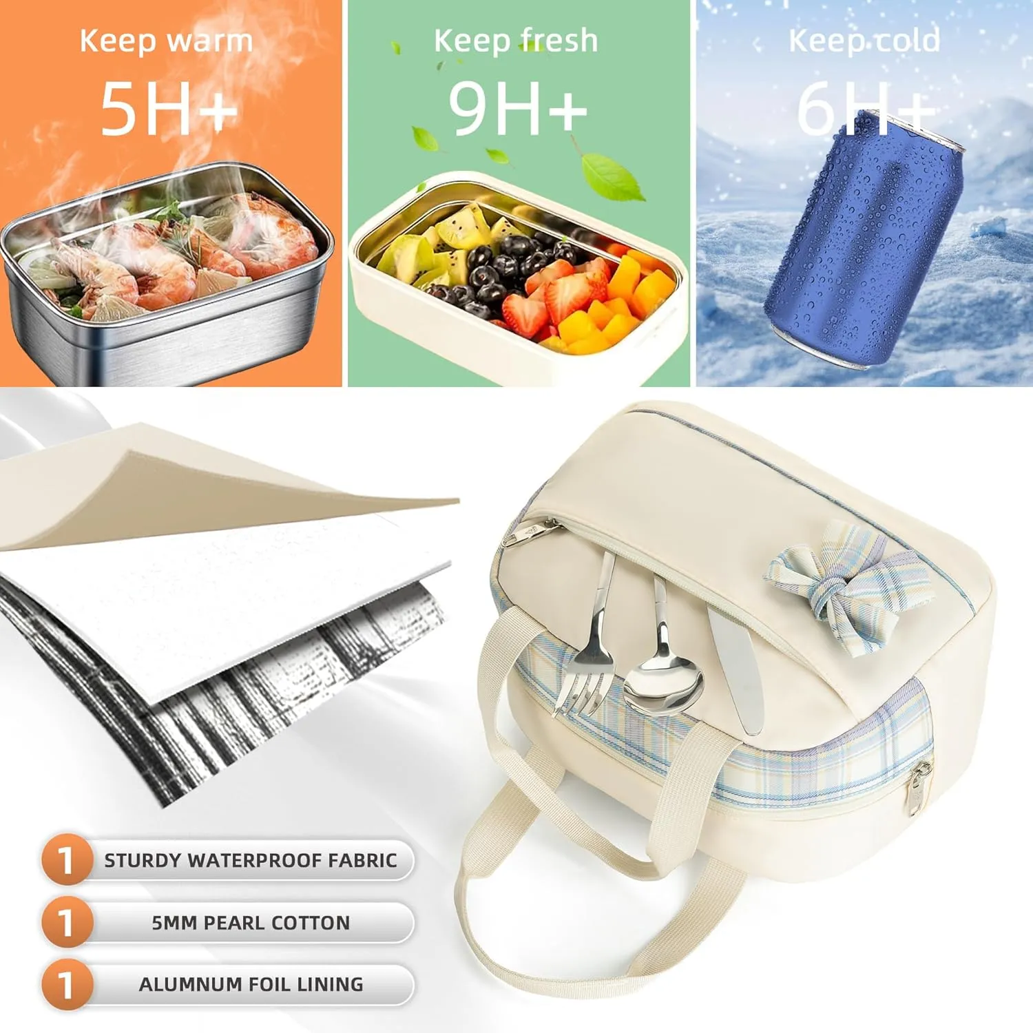 Lunch Bag for Women Men Cute Tote Bags Reusable Insulated Beach Box Case Large Capacity Cooler Purse for Work Picnic Travel Office Camping Handbag School Bookbag for Girls,Teen,College,Student Beige