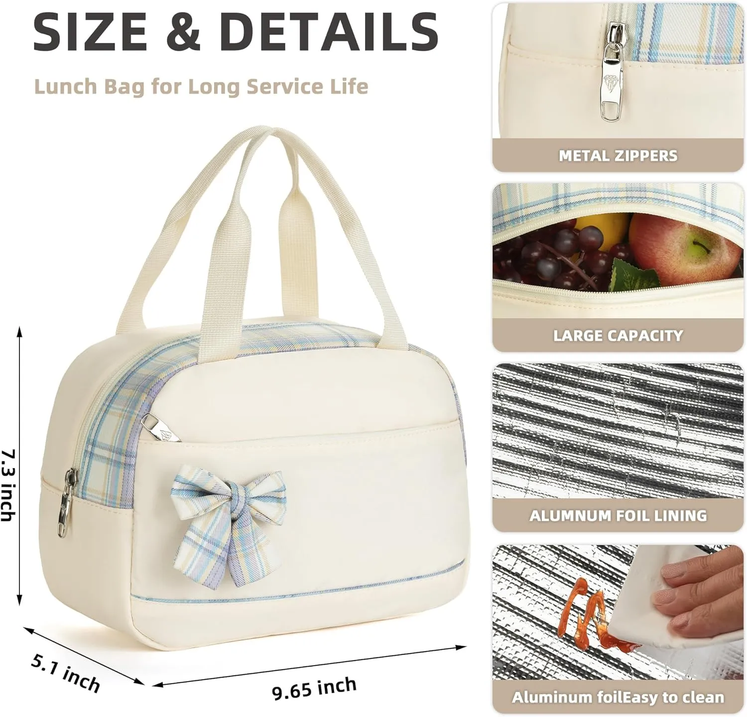 Lunch Bag for Women Men Cute Tote Bags Reusable Insulated Beach Box Case Large Capacity Cooler Purse for Work Picnic Travel Office Camping Handbag School Bookbag for Girls,Teen,College,Student Beige