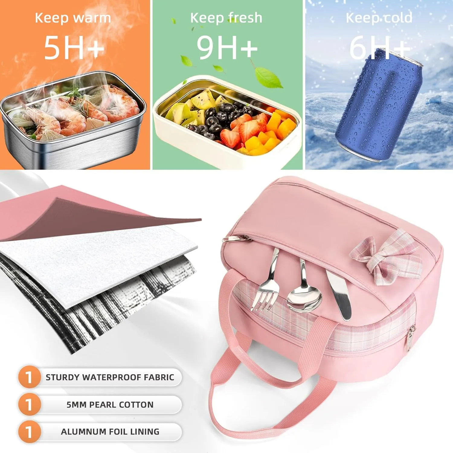 Lunch Bag for Women Men Cute Tote Bags Reusable Insulated Beach Box Case Large Capacity Cooler Purse for Work Picnic Travel Office Camping Handbag School Bookbag for Girls,Teen,College,Student Pink