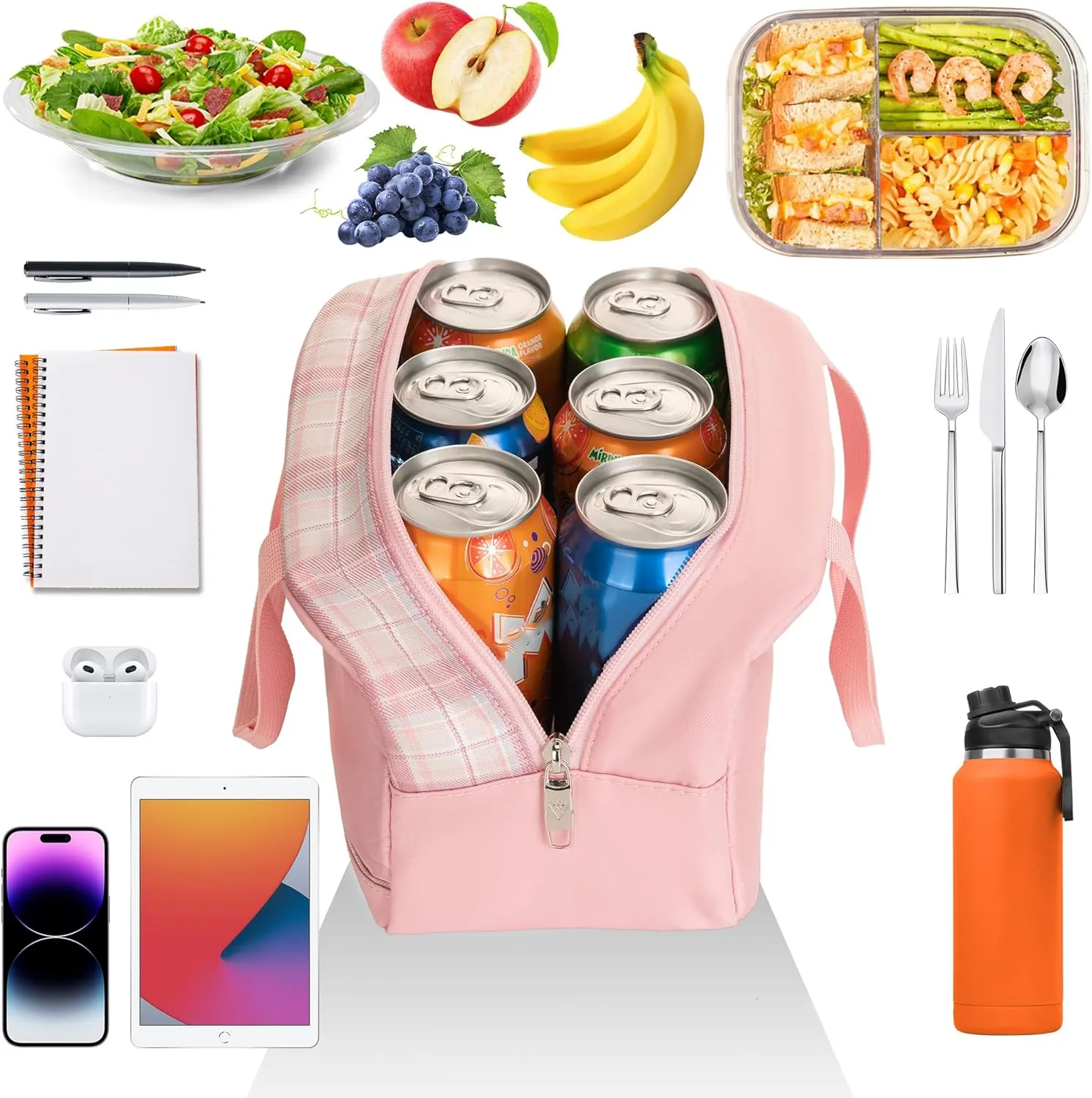 Lunch Bag for Women Men Cute Tote Bags Reusable Insulated Beach Box Case Large Capacity Cooler Purse for Work Picnic Travel Office Camping Handbag School Bookbag for Girls,Teen,College,Student Pink