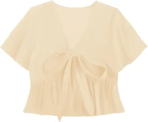 LYANER Women's Floral Print V Neck Tie Knot Ruffle Hem Short Sleeve Blouse Peplum Top