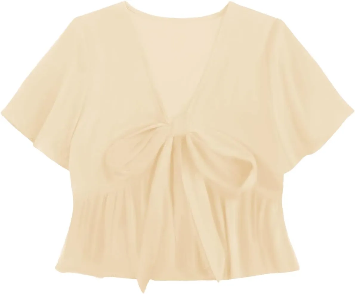 LYANER Women's Floral Print V Neck Tie Knot Ruffle Hem Short Sleeve Blouse Peplum Top