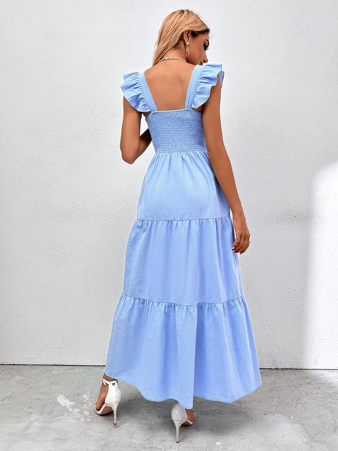 MakeMeChic Women's Summer Floral Dresses 2025 Beach Vacation Casual Blue and White Long Maxi Sundresses