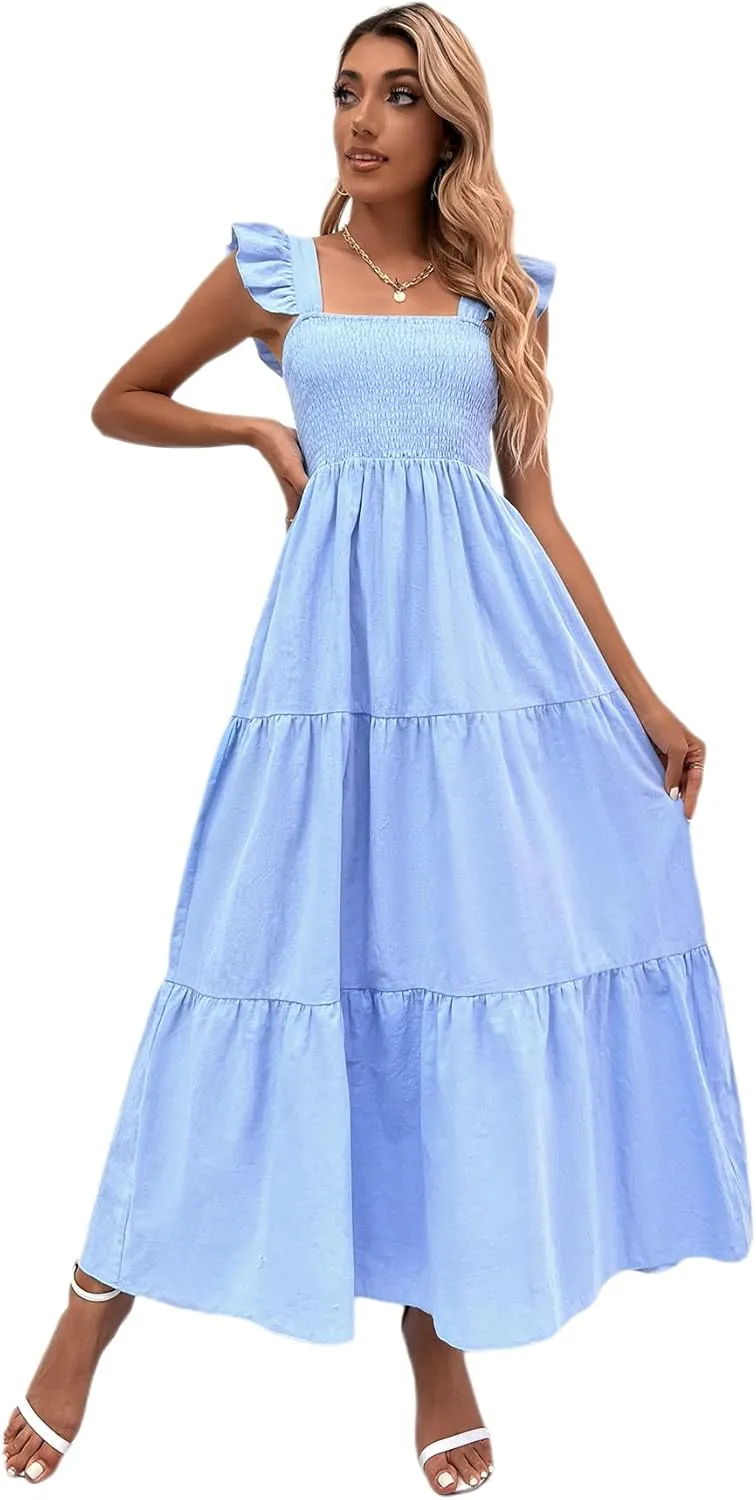MakeMeChic Women's Summer Floral Dresses 2025 Beach Vacation Casual Blue and White Long Maxi Sundresses