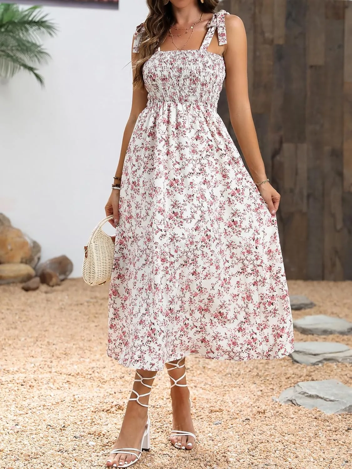 MakeMeChic Women's Summer Floral Dresses 2025 Beach Vacation Casual Blue and White Long Maxi Sundresses