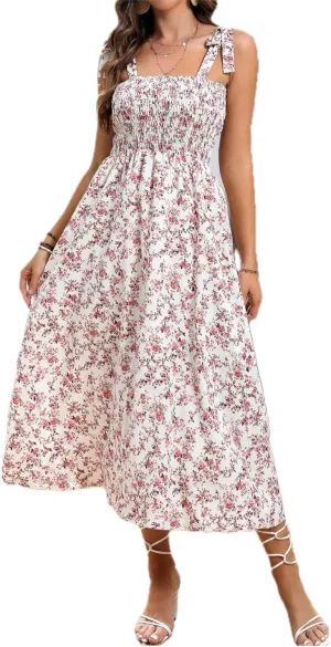 MakeMeChic Women's Summer Floral Dresses 2025 Beach Vacation Casual Blue and White Long Maxi Sundresses