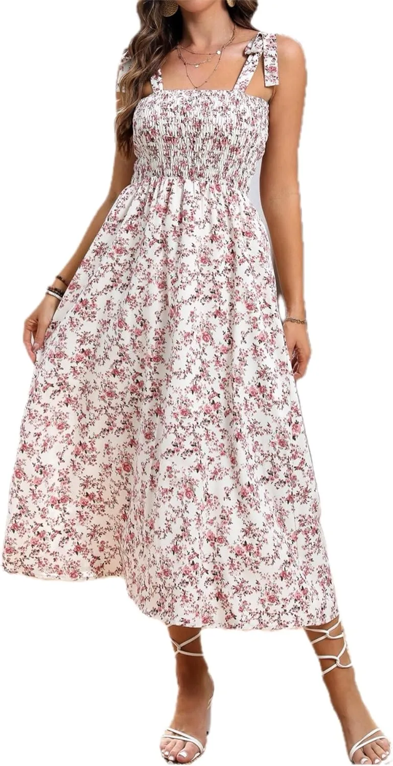 MakeMeChic Women's Summer Floral Dresses 2025 Beach Vacation Casual Blue and White Long Maxi Sundresses