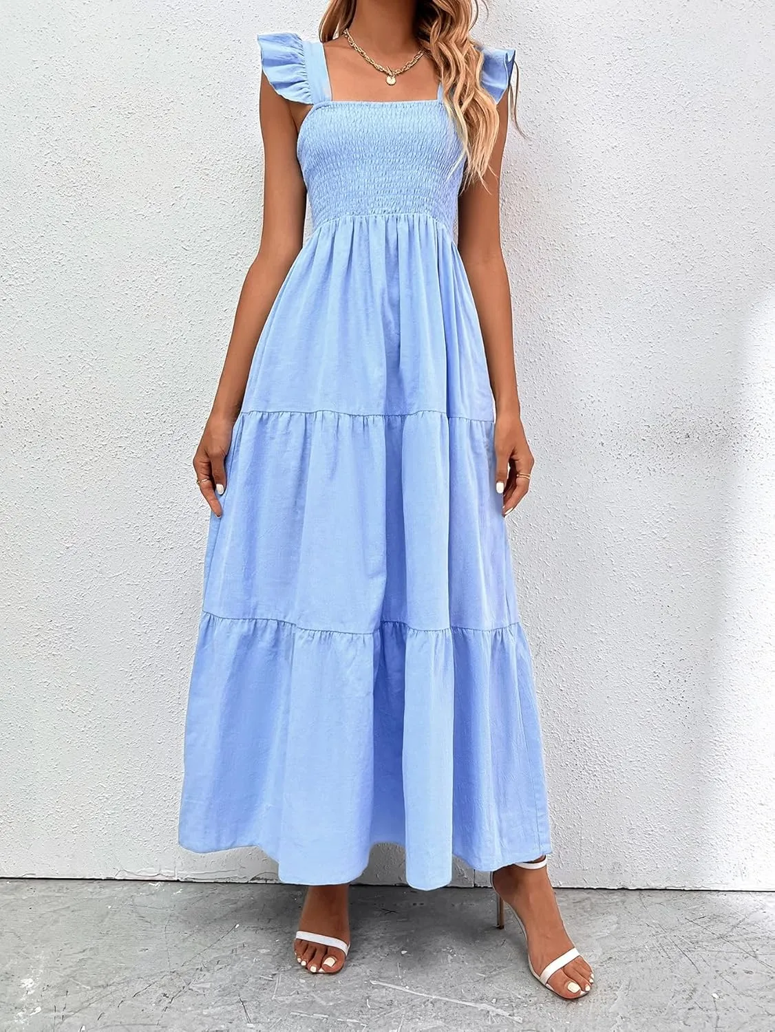 MakeMeChic Women's Summer Floral Dresses 2025 Beach Vacation Casual Blue and White Long Maxi Sundresses