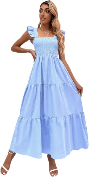 MakeMeChic Women's Summer Floral Dresses 2025 Beach Vacation Casual Blue and White Long Maxi Sundresses