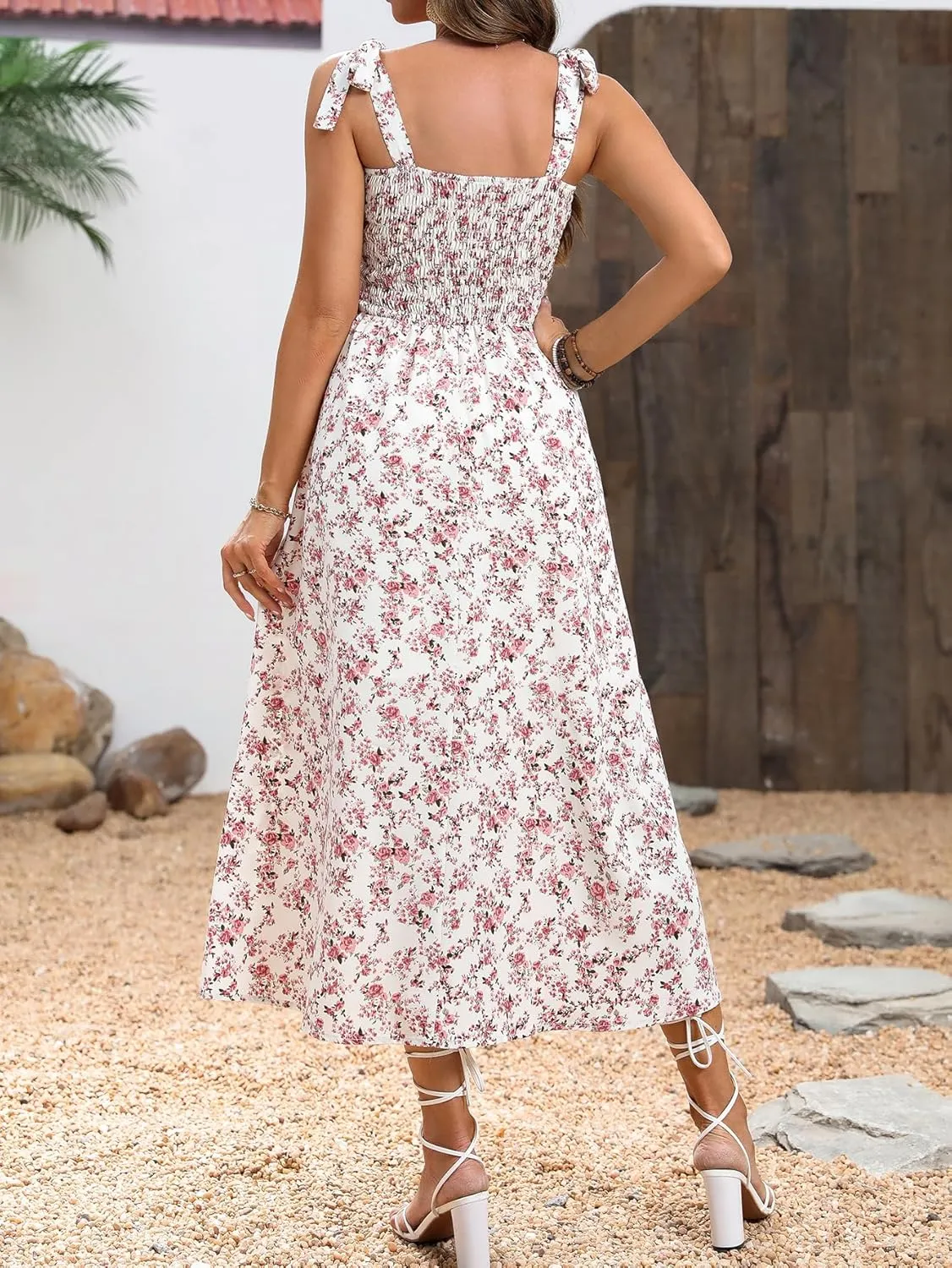 MakeMeChic Women's Summer Floral Dresses 2025 Beach Vacation Casual Blue and White Long Maxi Sundresses