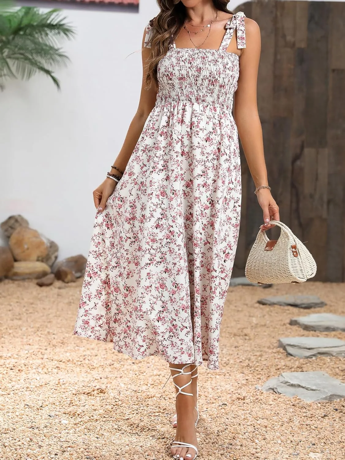 MakeMeChic Women's Summer Floral Dresses 2025 Beach Vacation Casual Blue and White Long Maxi Sundresses