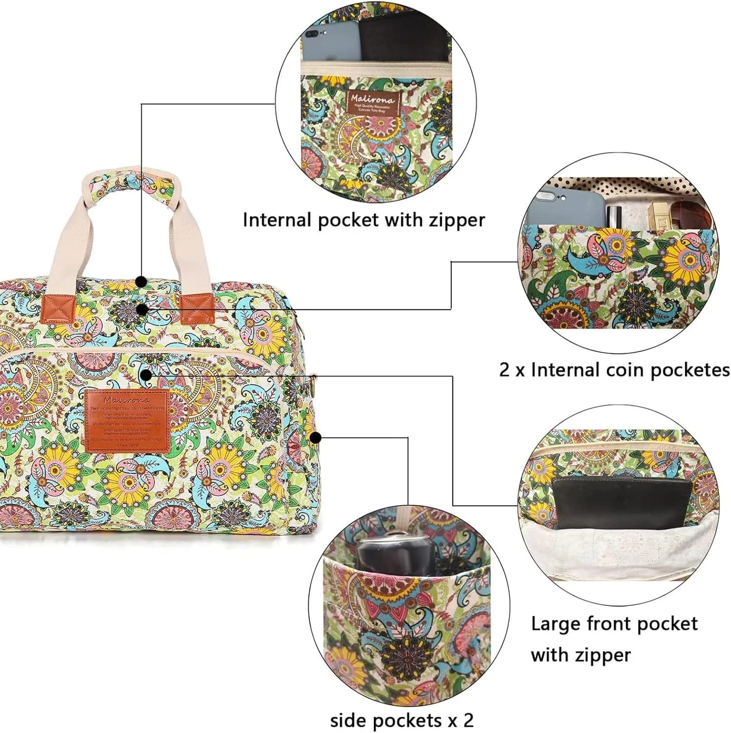 Malirona Canvas Overnight Bag Women Weekender Bag Carry On Travel Duffel Bag Floral