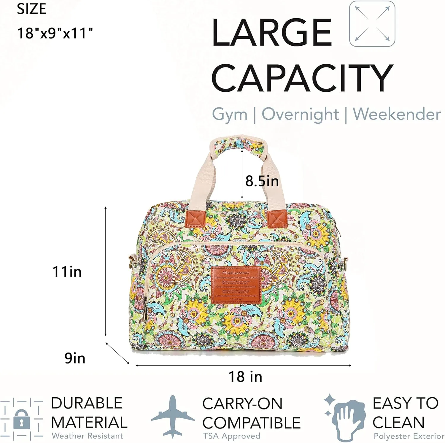 Malirona Canvas Overnight Bag Women Weekender Bag Carry On Travel Duffel Bag Floral