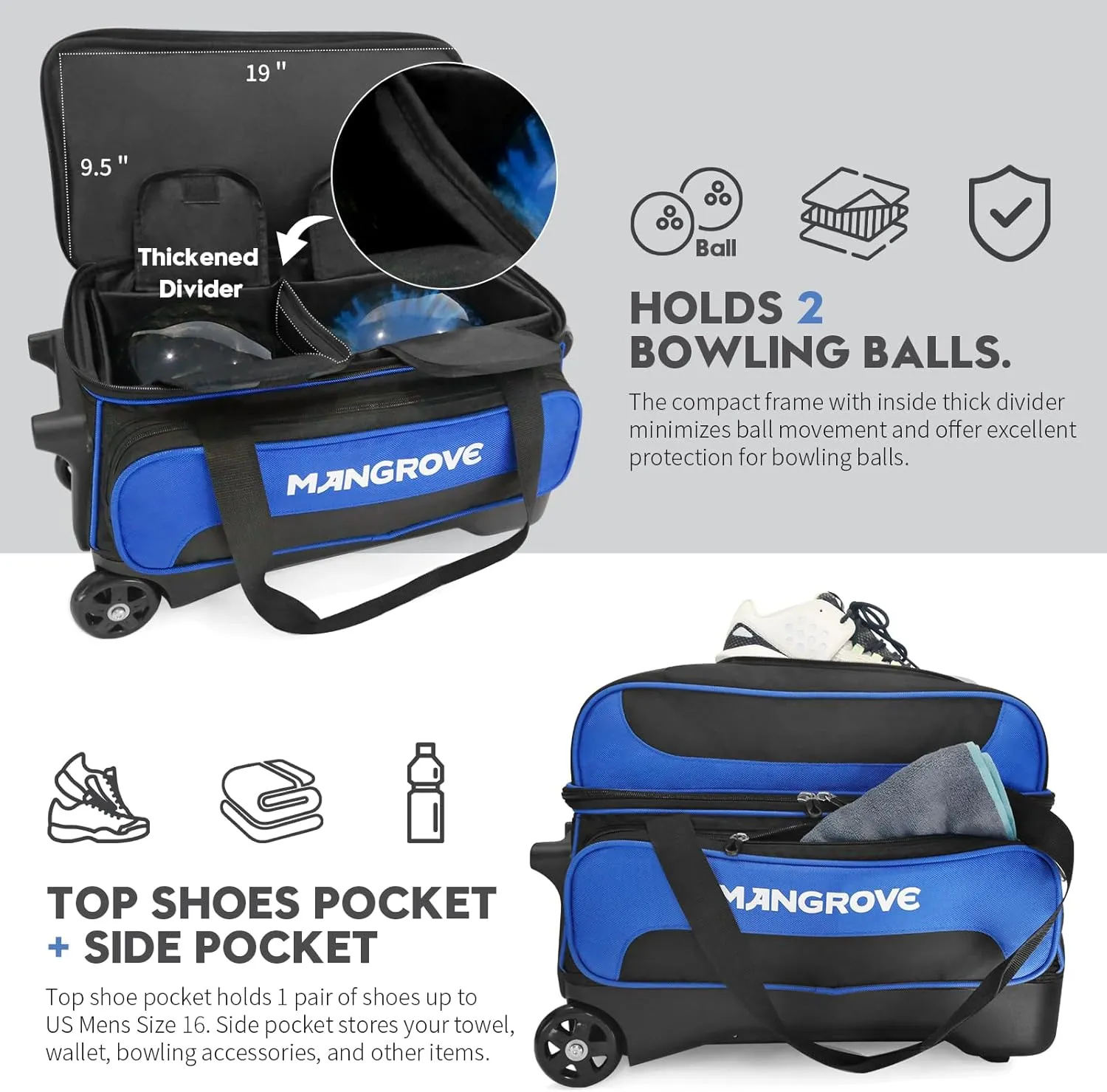Mangrove 2 Ball Bowling Bag with Wheels, Double Bowling Bags 2 Ball Roller w/Separate Compartment for Bowling Shoes (Up To US Mens Size 15), Accessory Pocket & Retractable Handle Extends To 40"
