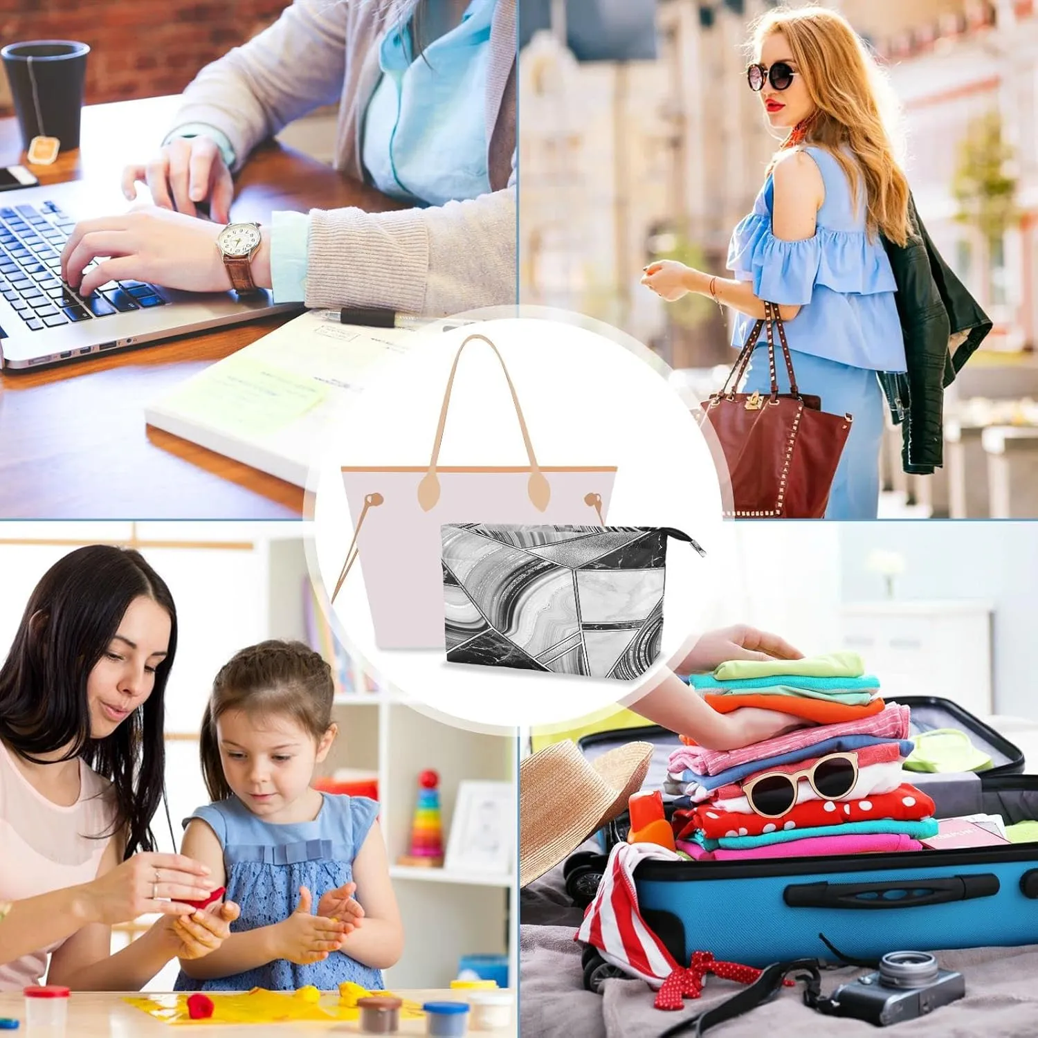Marble Granite Agate Black Grey Triangle Tile Silver White Lines Women Cosmetic Storage Handbag Case Portable Coin Purse, Makeup Bag Toiletry Handbag Organizer, Large Ladies Pouch Holder M