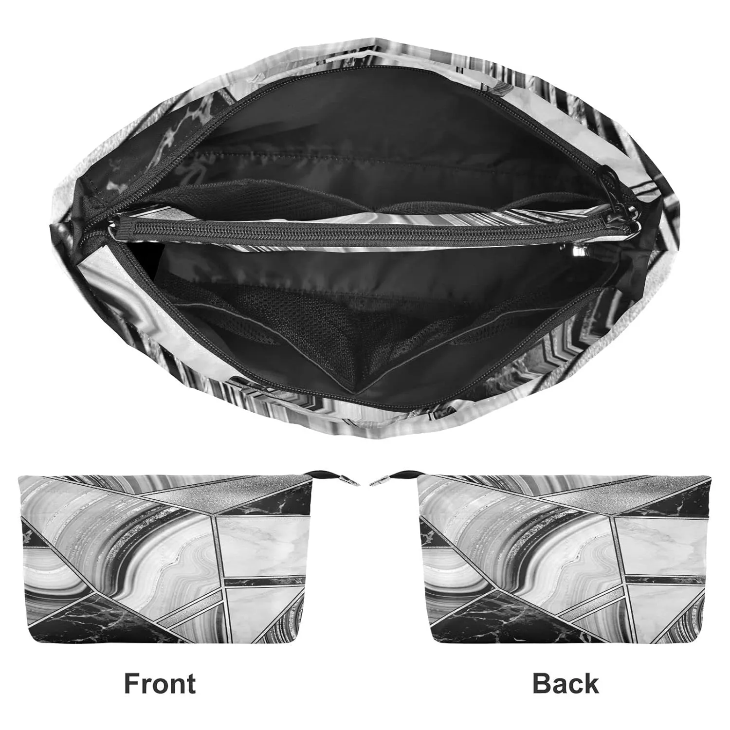 Marble Granite Agate Black Grey Triangle Tile Silver White Lines Women Cosmetic Storage Handbag Case Portable Coin Purse, Makeup Bag Toiletry Handbag Organizer, Large Ladies Pouch Holder M