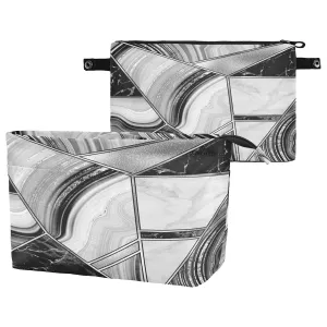 Marble Granite Agate Black Grey Triangle Tile Silver White Lines Women Cosmetic Storage Handbag Case Portable Coin Purse, Makeup Bag Toiletry Handbag Organizer, Large Ladies Pouch Holder M