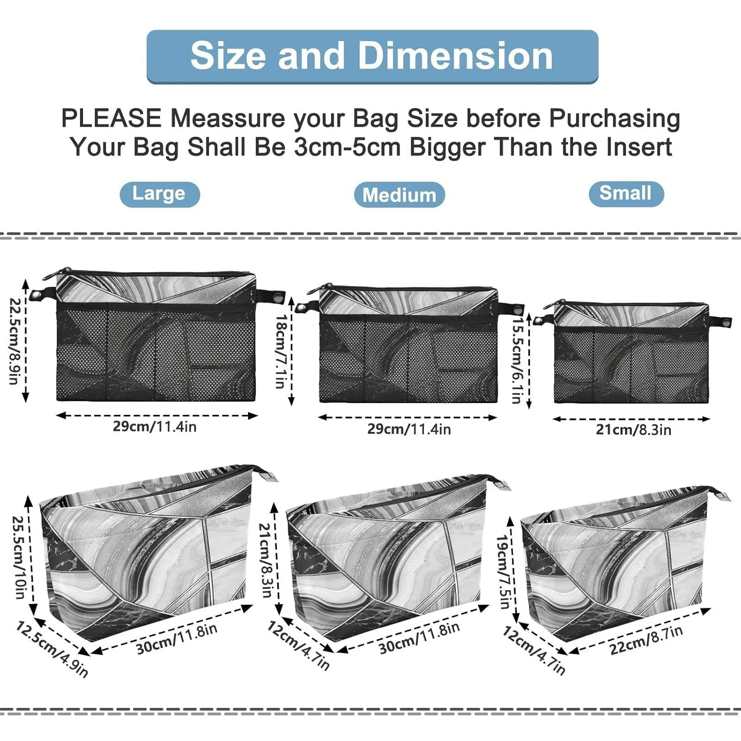 Marble Granite Agate Black Grey Triangle Tile Silver White Lines Women Cosmetic Storage Handbag Case Portable Coin Purse, Makeup Bag Toiletry Handbag Organizer, Large Ladies Pouch Holder M