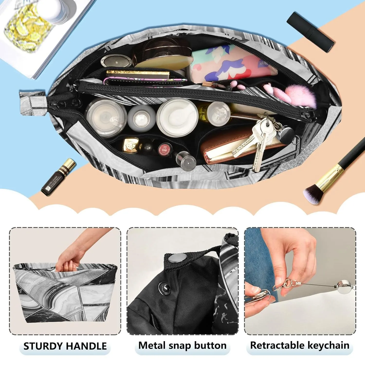 Marble Granite Agate Black Grey Triangle Tile Silver White Lines Women Cosmetic Storage Handbag Case Portable Coin Purse, Makeup Bag Toiletry Handbag Organizer, Large Ladies Pouch Holder M