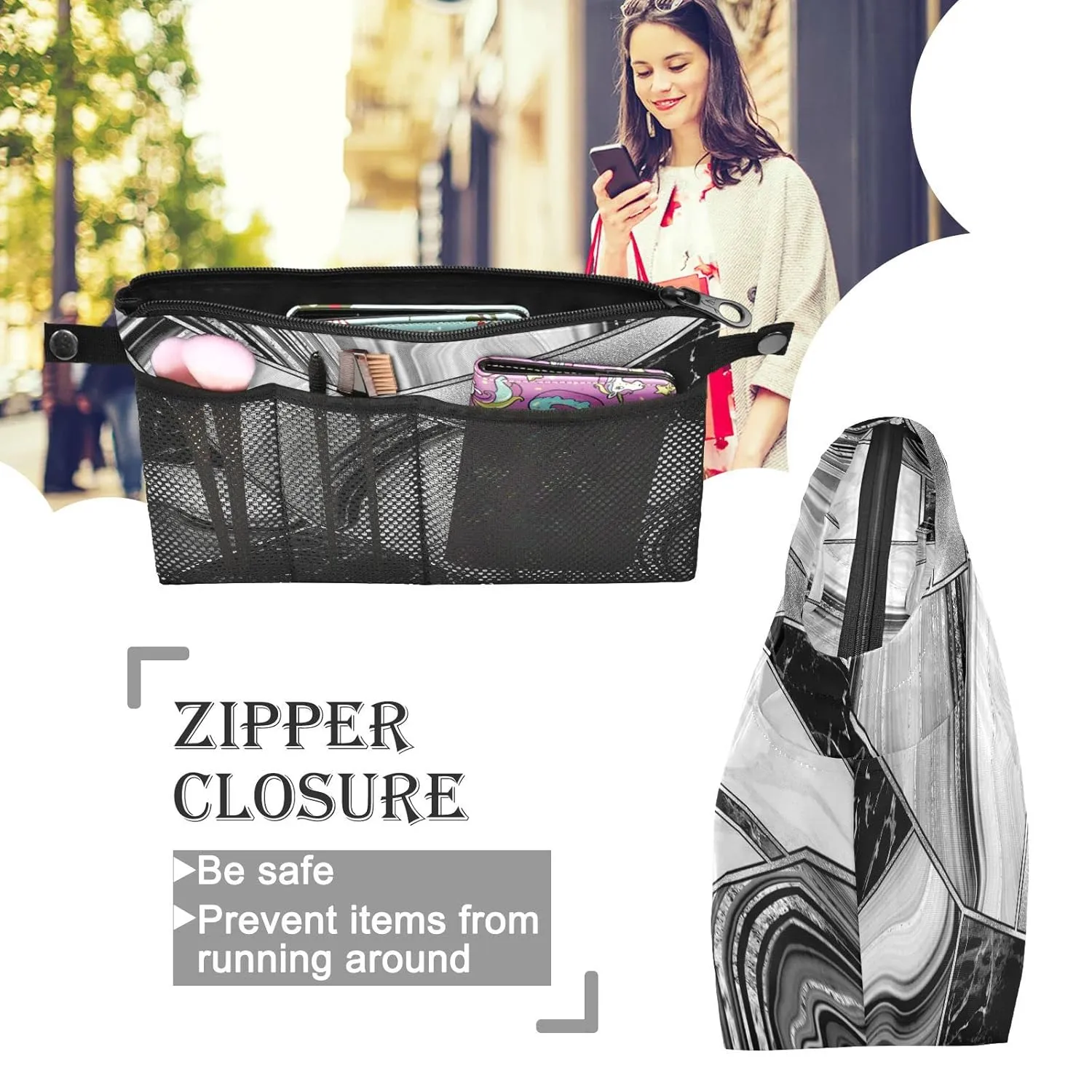 Marble Granite Agate Black Grey Triangle Tile Silver White Lines Women Cosmetic Storage Handbag Case Portable Coin Purse, Makeup Bag Toiletry Handbag Organizer, Large Ladies Pouch Holder M