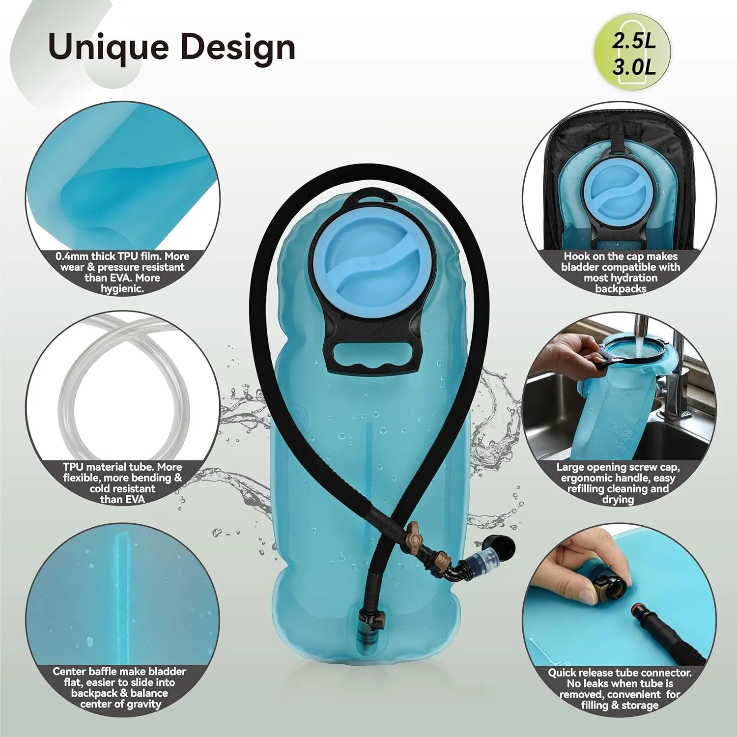 MARCHWAY 2L/2.5L/3L TPU Hydration Bladder, Ultra Durable Water Reservoir Bag with Insulated Tube for Hydration Pack for Cycling, Hiking, Running, Climbing, Biking