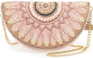 Mary Frances Pink Petals Beaded Crossbody Handbag Daisy-Motif Half-Moon Convertible Clutch Bag