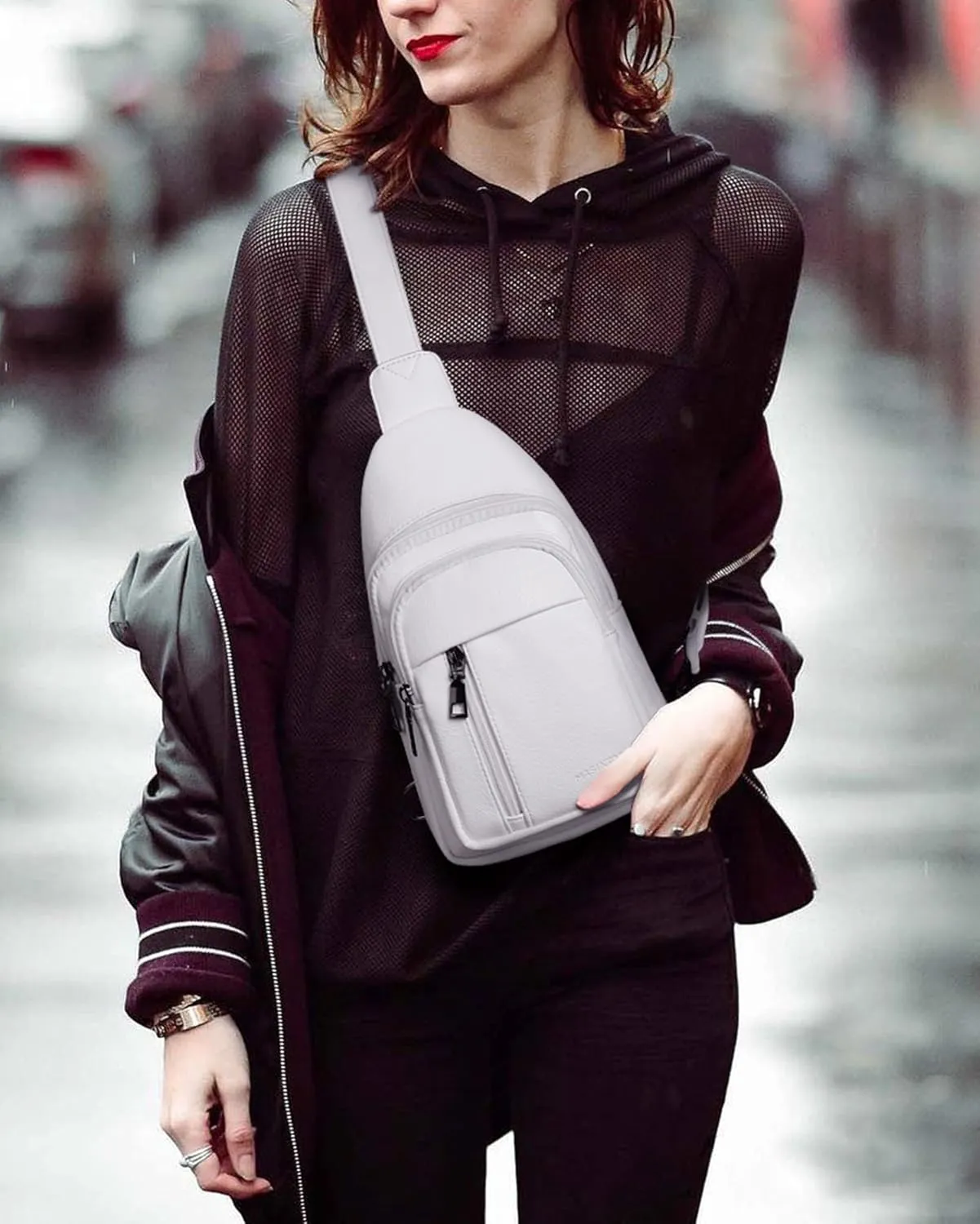 MASINTOR Sling Bag for Women - Crossbody Bags Fanny Pack with Vegan Leather - Adjustable Sling Backack for Travel Pure White