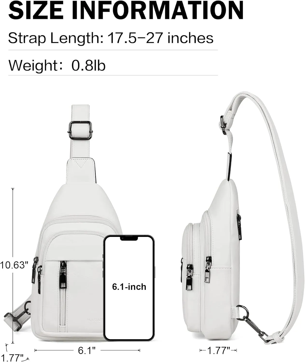 MASINTOR Sling Bag for Women - Crossbody Bags Fanny Pack with Vegan Leather - Adjustable Sling Backack for Travel Pure White