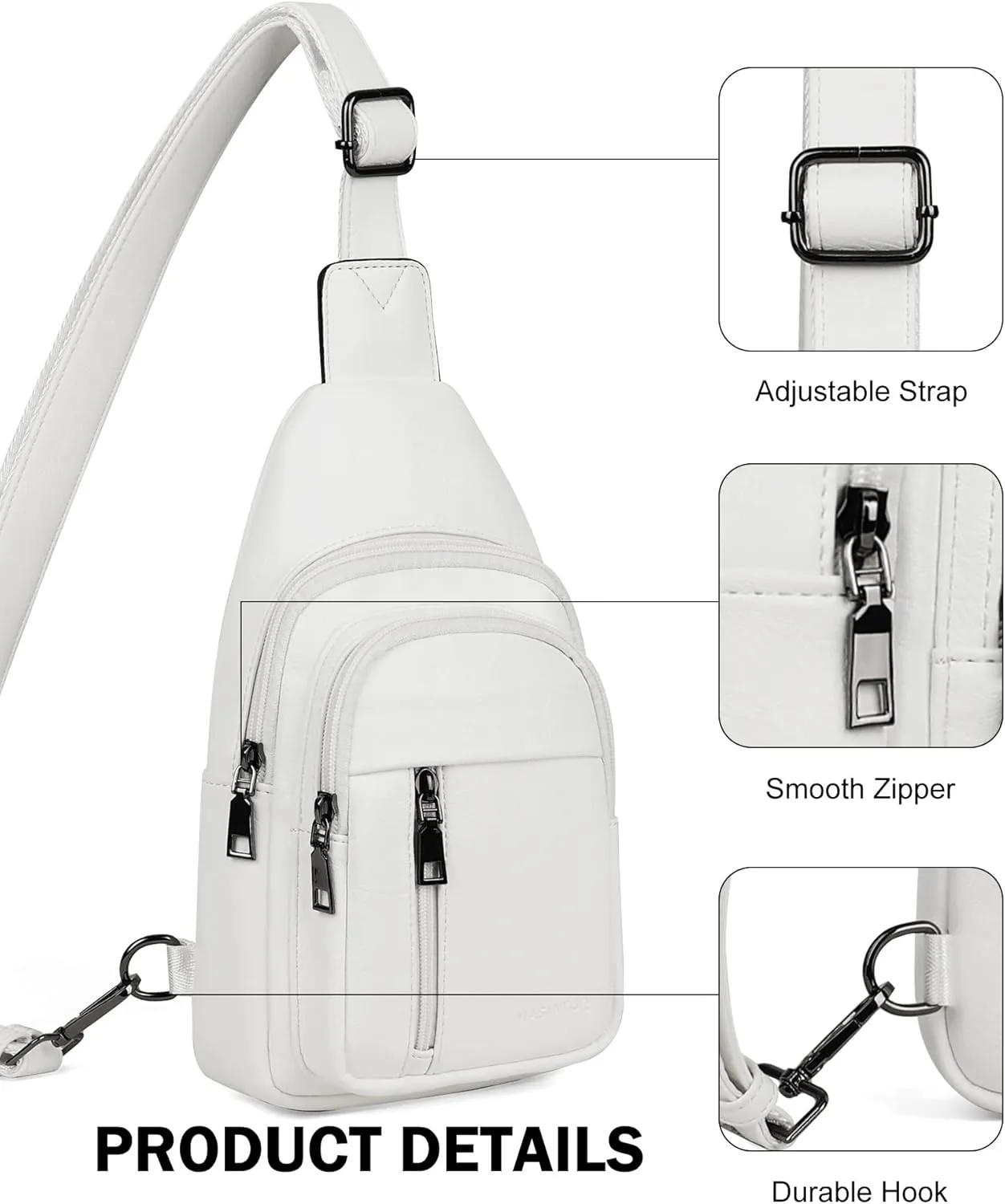 MASINTOR Sling Bag for Women - Crossbody Bags Fanny Pack with Vegan Leather - Adjustable Sling Backack for Travel Pure White